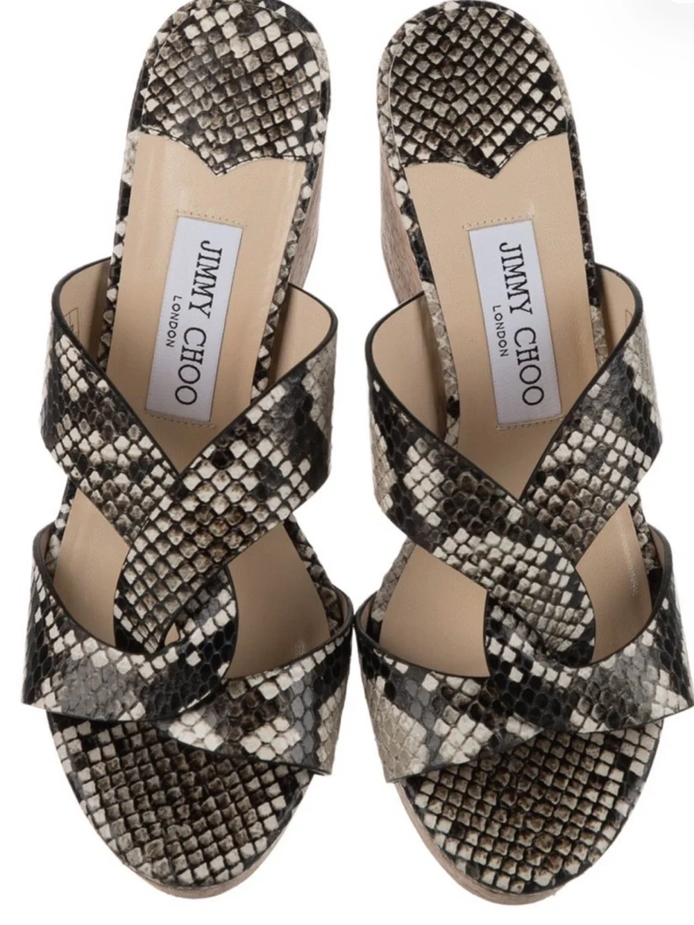 Jimmy Choo Black and White Snakeskin Cork Wedge Slides